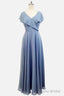 A-line Short Sleeves Chiffon V-neck Ruffles Floor-Length Bridesmaid Dress
