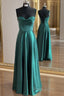 A-Line Silk Like Emerald Green Satin Formal Prom Dresses Ruched Pleated