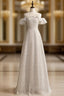 A-Line Silver Sequins Bateau Neck Long Formal Prom Dresses
