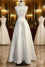A-Line Spaghetti Strap Beaded Satin Long Formal Prom Dresses White Wedding Dresses Graduation Formal Prom Dresses