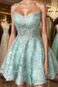 A-Line Spaghetti Straps Backless Mint Green Lace Short Formal Prom Dress, Backless Mint Green Lace Formal Graduation Homecoming Dress