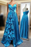 A Line Spaghetti Straps Satin Formal Prom Dresses With Slit And Flounced