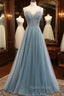 A-Line Spaghetti Straps Tulle Beaded Long Formal Prom Dresses, Cute Evening Party Dresses