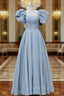 A-Line Square Neckline Puff sleeves Long Blue Formal Prom Dresses, Blue Long Formal Dresses