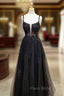 A-line Square Neckline Spaghetti Straps Long/Floor-Length Tulle Formal Prom Dresses With Glitter Beading Appliqued- Formal Prom Dresses