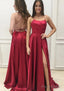 A-line Square Neckline Spaghetti Straps Sweep Train Charmeuse Prom Dresses With Pockets Split