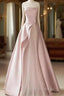 A Line Strapless Pink Party Dresses Long Satin Formal Prom Dresses