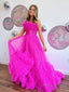 A-Line Strapless Pink Tiered Long Tulle Prom Dress