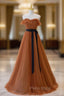 A-Line Strapless Tulle Pleats Formal Prom Dresses
