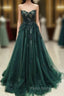 A Line Sweetheart Green Lace Long Formal Prom Dresses