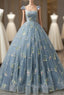 A-Line Sweetheart Neck Lace Gray Blue Long Formal Prom Dresses, Gray Blue Sweet 16 Dresses