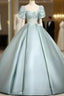 A-Line Sweetheart Neck Puff Sleeves Satin Quinceanera Dresses Blue Long Formal Prom Dresses Elegant Formal Dresses