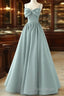A-Line Sweetheart Neck Satin Beads Blue Long Formal Prom Dresses, Blue Formal Dresses