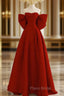A-Line Sweetheart Neck Satin Burgundy Long Formal Prom Dresses with Bow