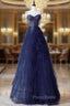A-Line Sweetheart Neck Tulle Dark Blue Long Formal Prom Dresses, Dark Blue Long Graduation Dresses with Beads