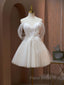 A Line Sweetheart Neck Tulle Lace Beige Short Formal Prom Dresses, Puffy Cute Homecoming Dresses