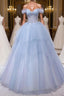 A-Line Sweetheart Neck Tulle Lace Blue Long Formal Prom Dress, Blue Formal Evening Dress