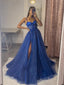 A-Line Sweetheart Neckline Tulle Lace Blue Long Ball Gown Women'S Formal Evening Dresses