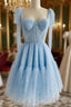 A-Line Sweetheart Neck Tulle Lace Blue Short Formal Prom Dresses, Blue Homecoming Dresses