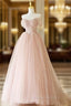 A-Line Sweetheart Neck Tulle Lace Long Pink Formal Prom Dresses, Pink Party Dresses with Beads