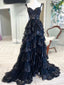 A-Line Sweetheart Neck Tulle Sequin Black Long Formal Prom Dresses, Black Formal Dresses