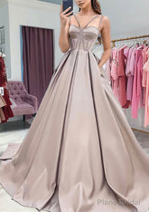 A-line Sweetheart Sleeveless Satin Sweep Train Prom Dresses With Pockets