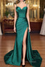 A-line Sweetheart Spaghetti Straps Sweep Train Silk like Satin Ruched Formal Prom Dresses- Formal Prom Dresses