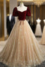 A-line Tulle and Velvet Short Sleeves Party Dresses, Sweetheart Long Formal Prom Dresses