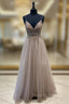 A-Line Tulle Beaded Long Formal Prom Dresses, Cute V-Neck Evening Party Dresses