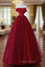 A-Line Tulle Burgundy Long Formal Prom Dresses, Tulle Burgundy Long Formal Dresses