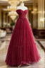 A-Line Tulle Burgundy Long Formal Prom Dresses, Tulle Long Formal Dresses