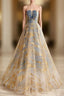 A-Line Tulle Gold/Blue Long Formal Prom Dresses, Blue Formal Evening Dresses