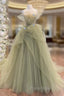 A-Line Tulle Green Long Formal Prom Dresses, Green Tulle Long Sweet 16 Dresses