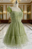A-Line Tulle Green Short Formal Prom Dresses, Cute Green Homecoming Dresses