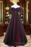 A-Line Tulle Lace Burgundy Long Formal Prom Dresses, Burgundy Long Formal Dresses
