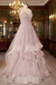 A-Line Tulle Layers Long Formal Dresses, Cute V-Neck Evening Party Dresses