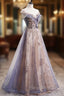 A-Line Tulle Long Formal Prom Dresses with Sequins, Cute Scoop Neckline Evening Dresses