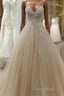 A Line Tulle Long Formal Prom Straps Sweetheart Lace Appliques Wedding Dresses