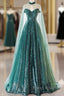 A-Line Tulle Sequin Green Long Formal Prom Dresses, Green Formal Evening Dresses