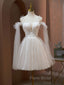 A Line Tulle Short Champagne Formal Prom Dresses, Off Shoulder Lace Puffy Homecoming Dresses
