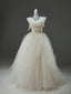 A-Line Tulle Sweep Train Champagne Long Formal Prom Dresses With Applique
