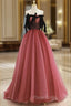 A-Line Tulle Watermelon Red Long Formal Prom Dresses, Watermelon Red Tulle Long Formal Dresses