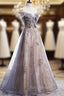 A-line Tulle with Lace Applique Party Dresses, Tulle Long Formal Prom Dresses
