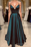 A Line V Neck Backless Long Formal Prom Dresses Simple Dark Green Formal Evening Gowns