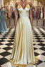 A Line V Neck Backless Yellow Satin Long Formal Prom Dresses, Yellow Backless Formal Dresses, Yellow Evening Dresses