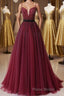A Line V Neck Beaded Burgundy Tulle Long Formal Prom Dress, Beaded Burgundy Formal Graduation Evening Dress