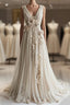 A-Line V-Neck Beaded Chiffon Long Formal Prom Dresses, Vintage Applique Wedding Dresses