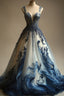 A-Line V-Neck Beaded Tulle Long Formal Prom Dresses