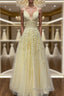 A Line V Neck Beaded Yellow Lace Tulle Long Formal Prom Dress, Yellow Lace Formal Dress, Beaded Yellow Evening Dress