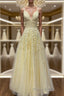 A Line V Neck Beaded Yellow Lace Tulle Long Formal Prom Dress, Yellow Lace Formal Dress, Beaded Yellow Evening Dress